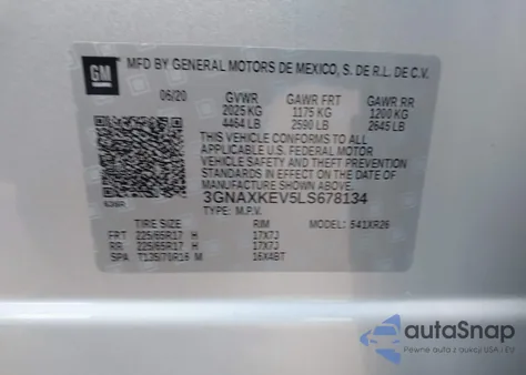 2020 Chevrolet Equinox Fwd Lt 1.5L Turbo z USA, uszkodzony, nr VIN 3GNAXKEV5LS678134